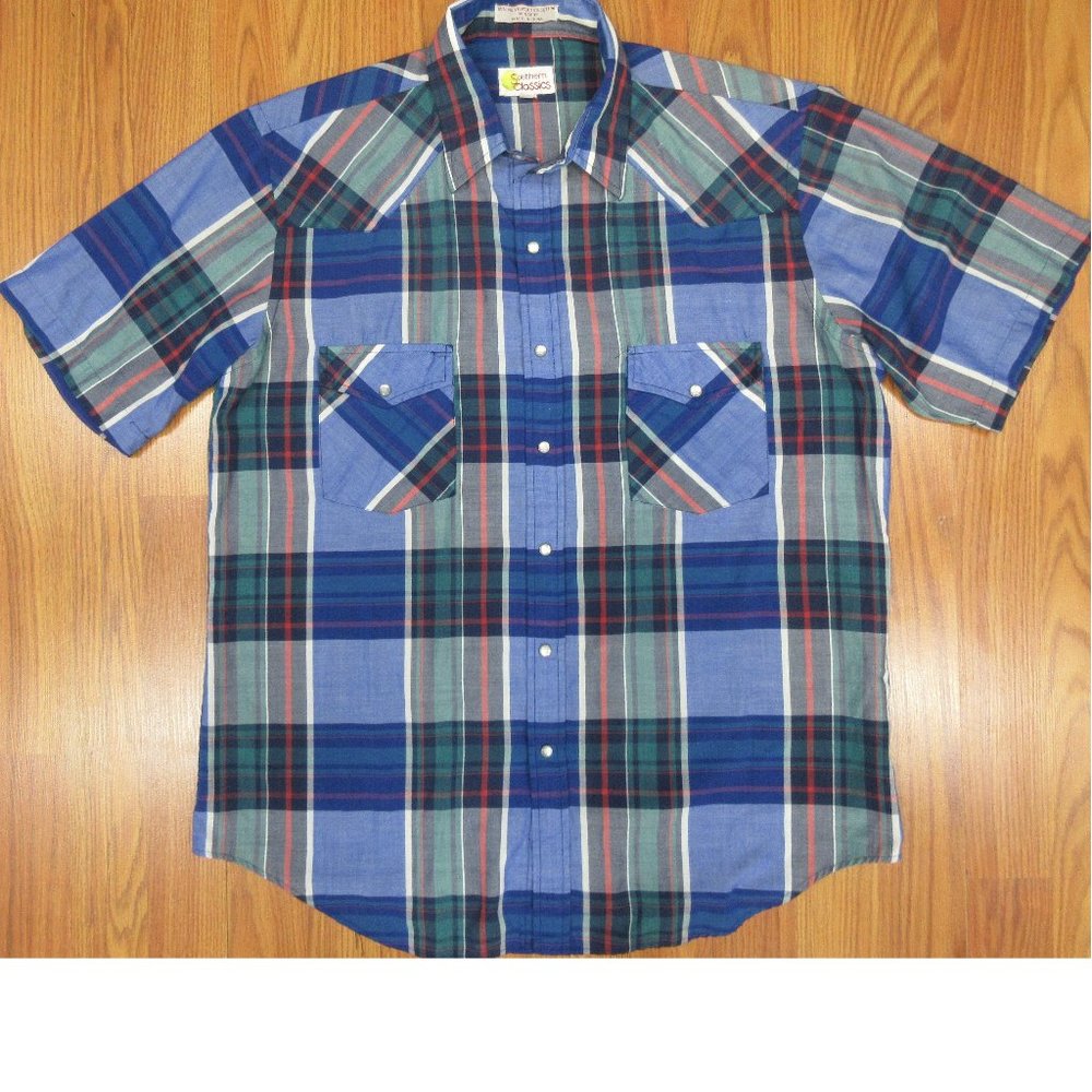 VTG SOUTHERN CLASSICS WESTERN SHIRT POLY/COTTON BLEND PLAID Sz LARGE, L